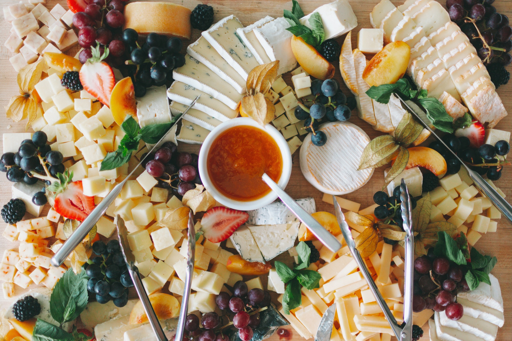 A flat lay of a cheese board.