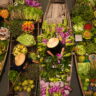 Aerial view of a floating market on a canal in Bangkok, local boats laden with fresh food, moored