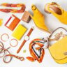 Flat lay with woman fashion accessories in yellow colors