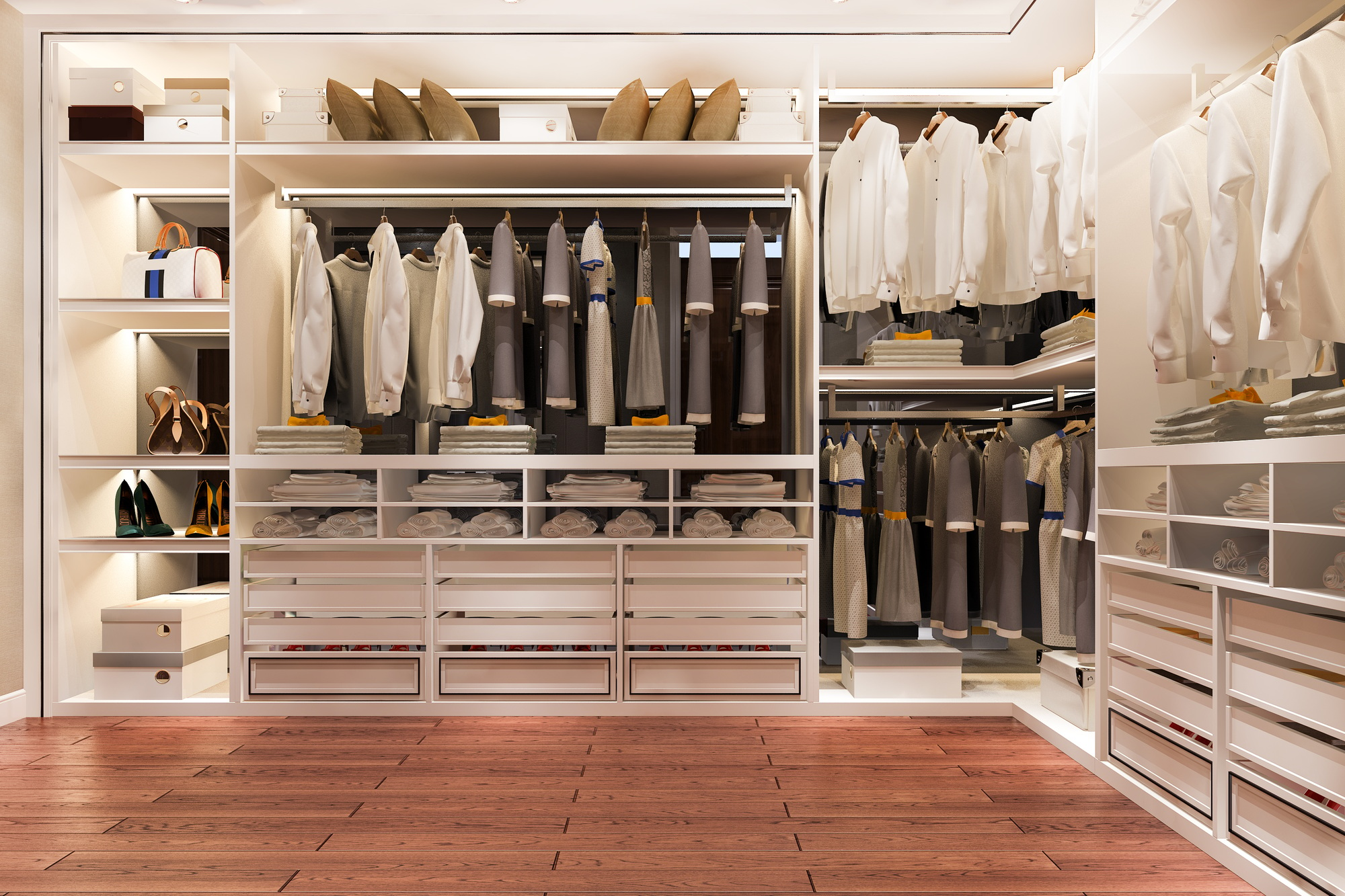 luxury wood walk in closet with wardrobe and wood floor